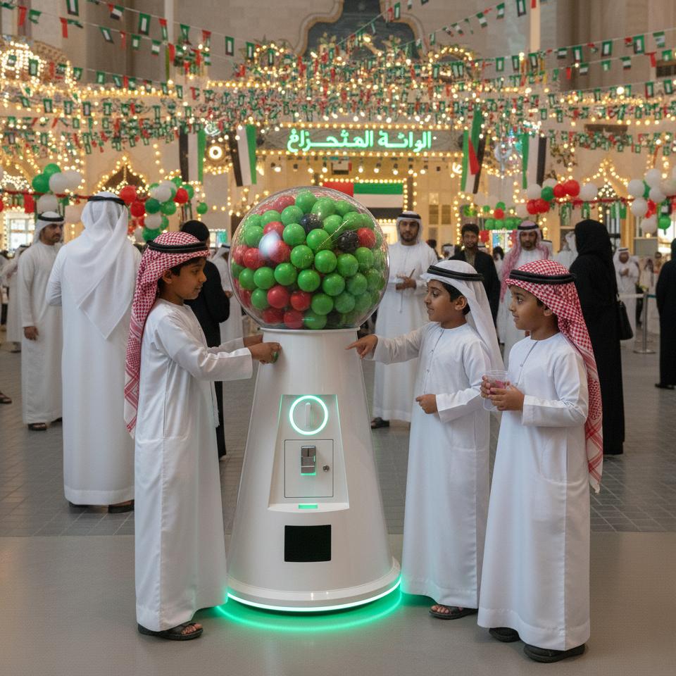 Interactive Gumball Machine at a Dubai brand activation event. Guests are playing and engaging with the sleek machine, creating memorable experiences.